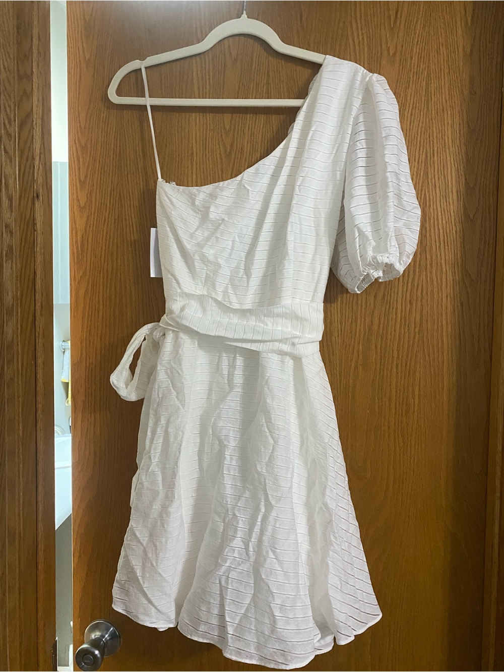 Nine West White One-Shoulder Puff Sleeve Bow-Waist Dress Sz M - Picture 5 of 8